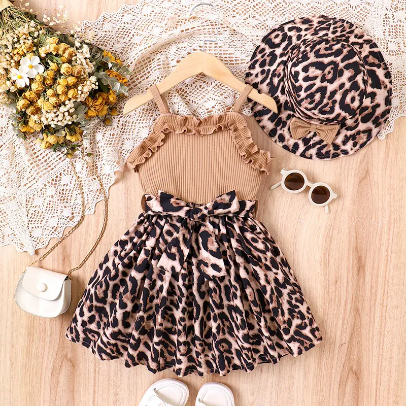 Kinderkleidung Modekleidung 2024 Sommer Mädchenkleidungsset Halter Leopardendruckkleid + Mütze Boutique-Bekleidung Mädchenkleider