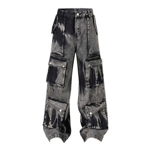 Pantalones de mezclilla para <span class=keywords><strong>hombre</strong></span> Pantalones cargo de mezclilla de estilo recto americano Desgastado con agujeros Estampado informal para verano Primavera Otoño Temporadas - Product Image 2