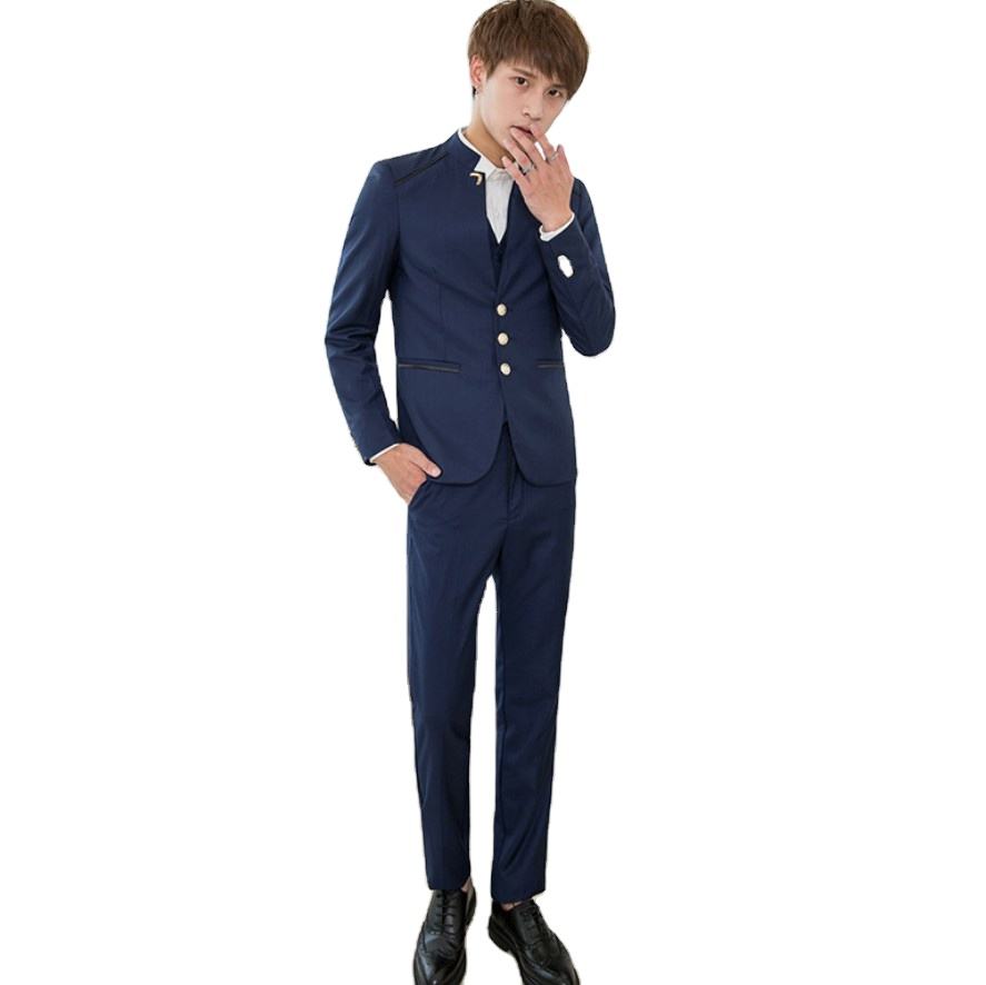 Trajes de hombre ajustados azul y negro, piezas (chaqueta Pantalones  chaleco), cuello levantado, nuevo diseño, esmoquin para hombre, conjunto de 