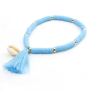 Women Fashion Jewelry Pink Blue Beads Bracelet With Sea Shell Rainbow Color Bohemia Polymer Clay Bracelet With Tassel