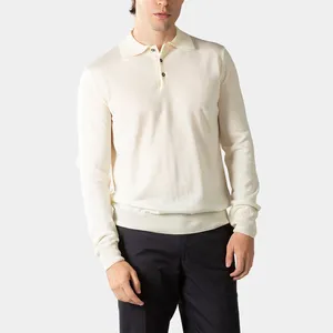 Extrafine Merino Wool Pullover Long Sleeve Ivory Knit Button Polo Neck Men Sweater