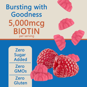 Gomitas de Biotina con Sabor a Frambuesa ODM 5000MCG con Biotina y Suplemento de Sodio para el Cuidado y Mantenimiento de un Cabello Saludable para Adultos - Product Image 3