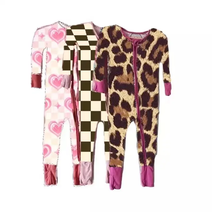 Hot sale eco-friendly bamboo baby girl romper Warm kids pajamas One pieces custom bamboo print baby romper with zipper