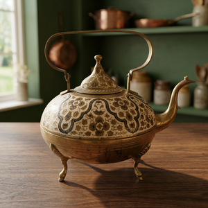 Oriental Metal Tea Kettle With <b>Lid</b> Decorative Floral Pattern Metal Handle Three Legs - Product Image 3