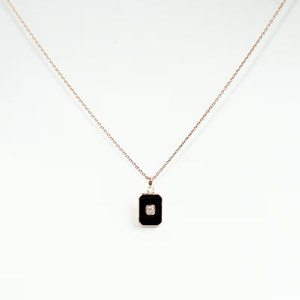 Collier Minimaliste en Or Massif avec Pendentif Rectangulaire Émail Noir, Style Art Déco, Diamant, Vintage, Bijou Délicat, Cadeau Idéal pour Femme - Product Image 1
