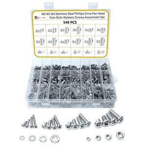 540 Pcs Assorted Cross Pan Head Machine Screws Nuts and Bolts with Storage Case