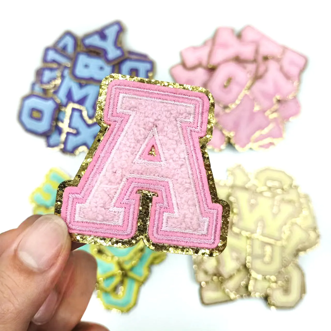 Spot hot selling Glitter embroidery chenille self-adhesive letter patch suitable for bags clothing chenille patch letter