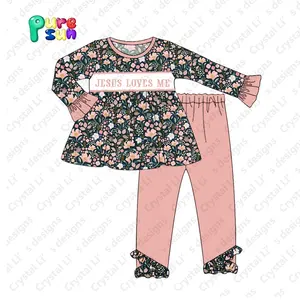 Pakaian anak-anak model baru pakaian bayi bordir Yesus Love me pakaian bayi perempuan motif bunga celana legging 2 potong untuk anak-anak