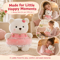 Ours en peluche fraise avec robe à volants rose, ours en peluche blanc en robe fraise brodée pour cadeau