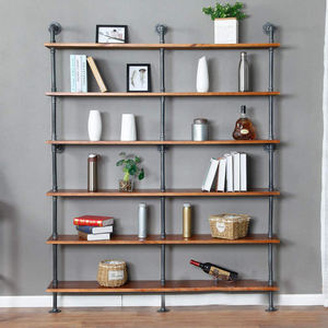 현대 산업 금 파이프 나무 판자 책장 유행 벽걸이 형 금속 파이프 부동 안정 선반 책장 금속 선반 - Product Image 5