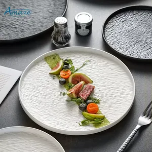 Popular rock texture catering tableware salad steak serving dishes plates set dinner ceramic plates with edge
