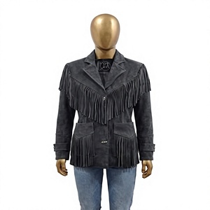 Nabtay Sports Women's Grey Suede <b>Fringe</b> Waterproof Zipper Closure Western Motorcycle <b>Jacket</b> Vintage Cowgirl Tassel Winter - Product Image 1