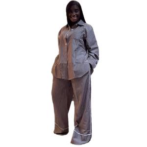 Ensemble Décontracté Femme Nouvelle Mode Été 2025, Chemise Rayée Boutonnée à Manches Longues et Pantalon Ample - Product Image 5