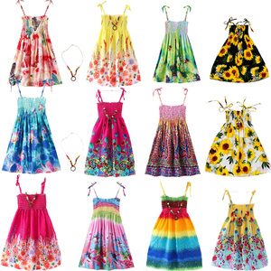فساتين بوهيمية مخصصة للفتيات بدون أكمام مع طباعة زهور قوس قزح للشاطئ مع قلادة، فساتين أطفال قطنية - Product Image 1