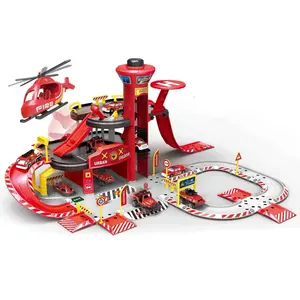 Hot Sale Reddingsstation Trailer Garage Play Set Plastic Speelgoed Elektrische Lift Parkeerplaats