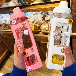 Water Bottle With <b>Straw</b> 3D Cute Bear Sticker Bpa Free <b>Plastic</b> Square Sippy Cup Portable Drinkware 700ml - Product Image 1