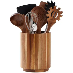 Soporte de utensilios de madera de acacia para mostrador de cocina, soporte de cocina giratorio, organizador de almacenamiento de utensilios de cocina para encimeras