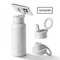 Bouteille en acier inoxydable de 32 oz avec support magnétique pour téléphone, double paroi, bouteille d'eau isolée 304 avec couvercle pour le yoga, la salle de sport, blanche