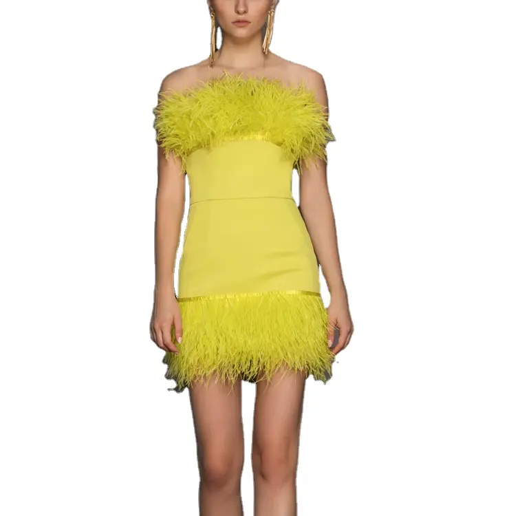 Latest New Fashion Fancy Feather Mini Bodycon Ladies Sexy Celebrity Party Evening Cocktail Dress