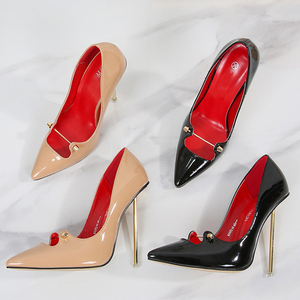 Sandales à talons aiguilles ultra-fins pour femmes, grande taille 46, avec décorations métalliques dorées, talon fin, pour pole dance, en cuir verni - Product Image 6