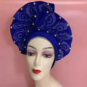 Hot Selling Wholesale Nigerian Damask Aso Oke Golden Elegant African royal blue Hat design large turban design with bead