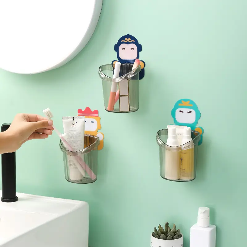 Wall-Mounted Toothbrush holder Cup with Water Draining PS Cartoon Image Detachable Stand for Bathroom Kitchen Tableware