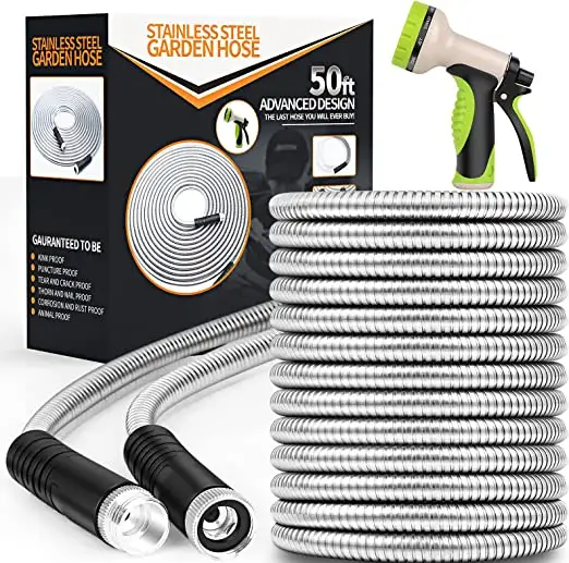 Metal Garden Hose 50ft, Stainless Steel Heavy Duty Water Hose with 10 Function Nozzle Flexible, Lightweight, Kink Free