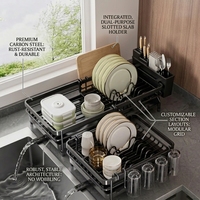 Égouttoir à vaisselle moderne à un seul niveau extensible en acier au carbone, support de séchage de cuisine pour vaisselle et planche à découper