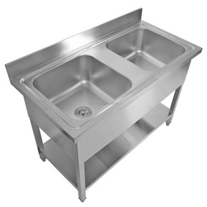 Table de préparation de cuisine commerciale en acier inoxydable NSF 201/304, tube carré argenté de 0,7 mm d'épaisseur, double évier, dosseret, armoire - Product Image 3