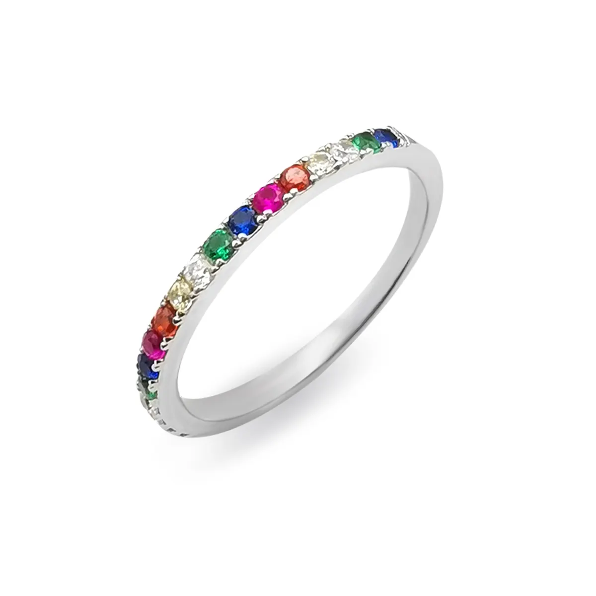 Tiny Finger Ring CZ Ban Nhạc Cánh Tay Mỏng Óng Ánh Nhẫn Đa Màu 925 Bạc Sterling Silver, Cầu Vồng Màu Zircon Biểu Tượng Tùy Chỉnh 1000S