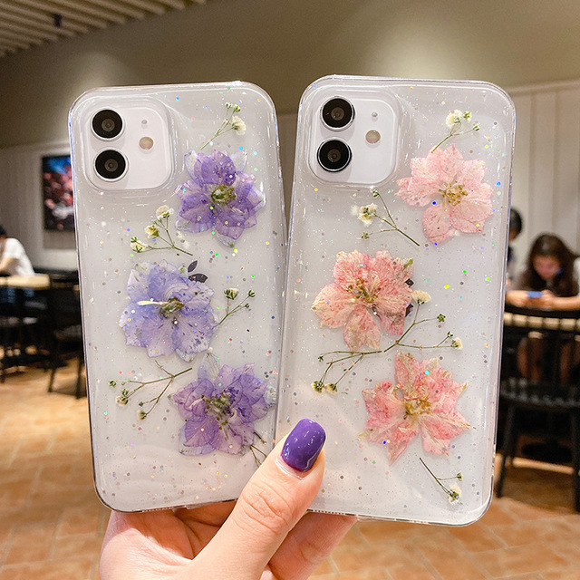 For iPhone 7 8 Plus XR Xs 11 12 13Pro  Max Silicone 3D Cell Phone Cases Beautiful Real Dry Flower Mobile Back Covers