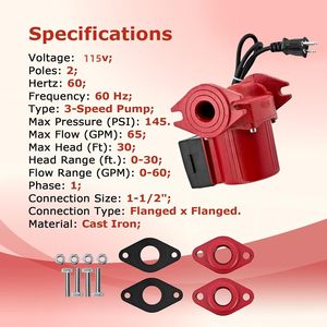 UPS43100F Water Circulator Pump 115V 1\/3HP Cast Iron <b>Red</b> <b>Hot</b> Water Recirculating For Radiant Floor Heating Replacement - Product Image 2