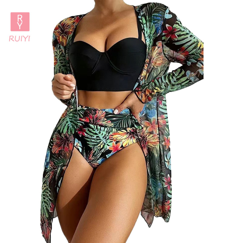 Ruiyi sexy exotic bikini women swimsuit three piece bathing suit push up swimwear cover up beachwear