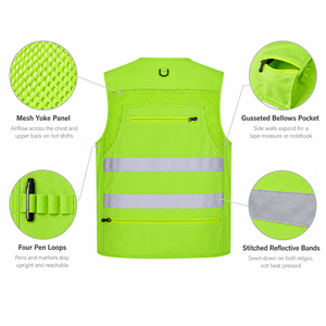 Gilet <span class=keywords><strong>de</strong></span> sécurité haute visibilité multi-poches pour géomètre, en maille respirante, réfléchissant, avec fermeture éclair, anneau en D et passants pour stylos, pour <span class=keywords><strong>la</strong></span> construction et les travaux <span class=keywords><strong>de</strong></span> topographie - Product Image 4