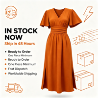 Robe midi élégante pour femme, coupe trapèze, col en V, avec taille froncée, manches à volants, fente haute, en tissu tissé, pour le printemps et l'été, vente en gros Spot