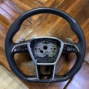 Volant <span class=keywords><strong>Audi</strong></span> A6A7A8 <span class=keywords><strong>Etron</strong></span> amélioré C8 à fond plat en fibre de carbone perforé en forme de D avec badges <span class=keywords><strong>S</strong></span> et RS - Product Image 3