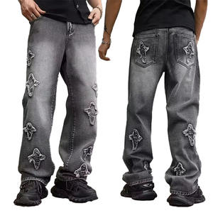 Individuell Bestickte Patch-Logo Distressed <span class=keywords><strong>Jeans</strong></span> Baggy Schwarze Pantalones <span class=keywords><strong>Jeans</strong></span> Hombre Hochelastische Atmungsaktive <span class=keywords><strong>Jeans</strong></span> für Herren - Product Image 1