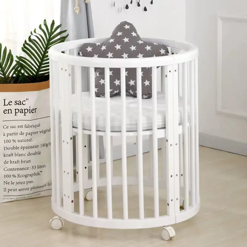 Kids 'Cribs Bed 4 In 1 Multifunctionele Babybedje Ronde Wiegen Houten Baby Wieg Set
