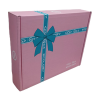 Boîte en papier rose clair personnalisée, imprimée avec un motif de ruban bleu, texte écologique, recyclable, pliable, en carton ondulé, pour l'expédition de cadeaux