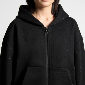 Sweat à capuche court à fermeture éclair en strass pour femmes Ensemble de pantalons de survêtement pour femmes Logo imprimé bouffant personnalisé Ensemble deux pièces Vêtements pour femmes - Product Image 1