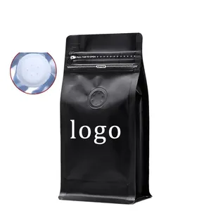 Sacos de café folha de alumínio de qualidade alimentar impressos personalizados saco plástico preto reutilizável grande com fundo quadrado com válvula