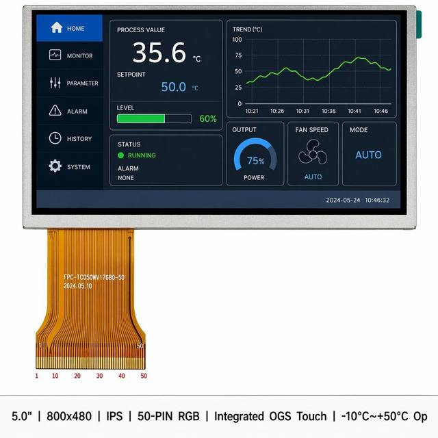 TMK 5.0 Inch IPS LCD Module LED Backlight Capacitive Touch Screen 800x480 RGB 50-PIN Interface 340 Brightness for Industrial