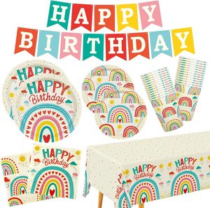 Ensemble de fournitures pour fête d'anniversaire sur le thème de l'arc-en-ciel rétro - Assiettes en papier jetables, gobelets, serviettes, nappe et bannière d'anniversaire - Product Image 1