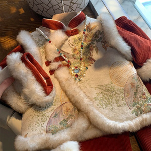 Girls Traditional Chinese New Year Outfit Set Thickening With Fur Trim For Winter Celebration - Product Image 4
