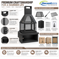 Cheminée à bois en fer noir mat avec foyer en maille, porte à charnières et rangement pour bûches, pour jardin et terrasse extérieure