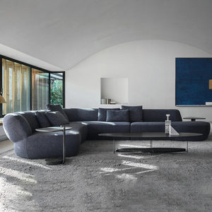 Canapé sectionnel en tissu microfibre au design moderne, capitonné, en forme de L, ensemble de canapés incurvés pour salon avec table basse, bleu luxueux - Product Image 3