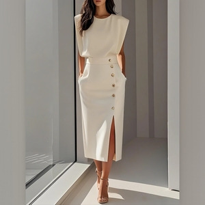 Robes pour femmes, couleur unie, col rond, taille cintrée, ourlet fendu, boutons métalliques, mode - Product Image 2