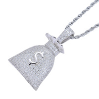 Collier Pendentif Sac d'Argent en Strass Or Rose Argenté Doré pour Hommes Femmes Hip Hop Iced Out Bling Bijoux
