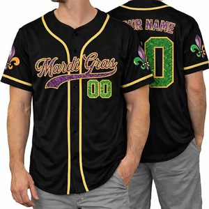 Personalized Black Mardi Gras <b>Baseball</b> Jersey Custom Name Number Unisex Adult Summer Style Button Down Top - Product Image 1