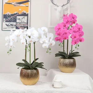 Atacado decoração de casa artificial borboleta real, flor em vaso de orquídea artificial planta com vaso